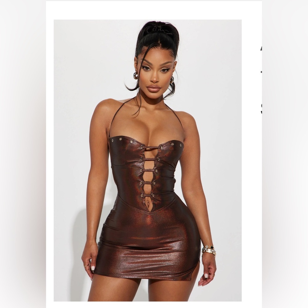 NWT Fashion Nova Metallic Brown Lace-Up Strapless Mini Dress